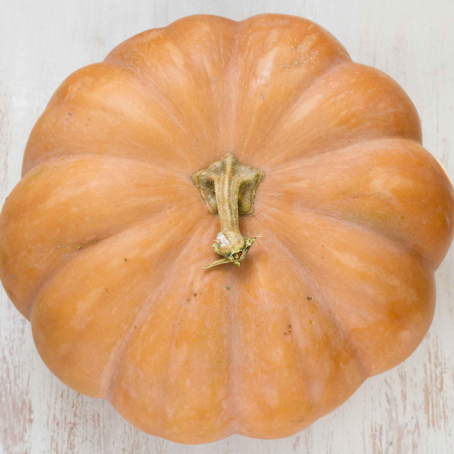 Top view of a Fairytale pumpkin with orange skin and deep ridges.