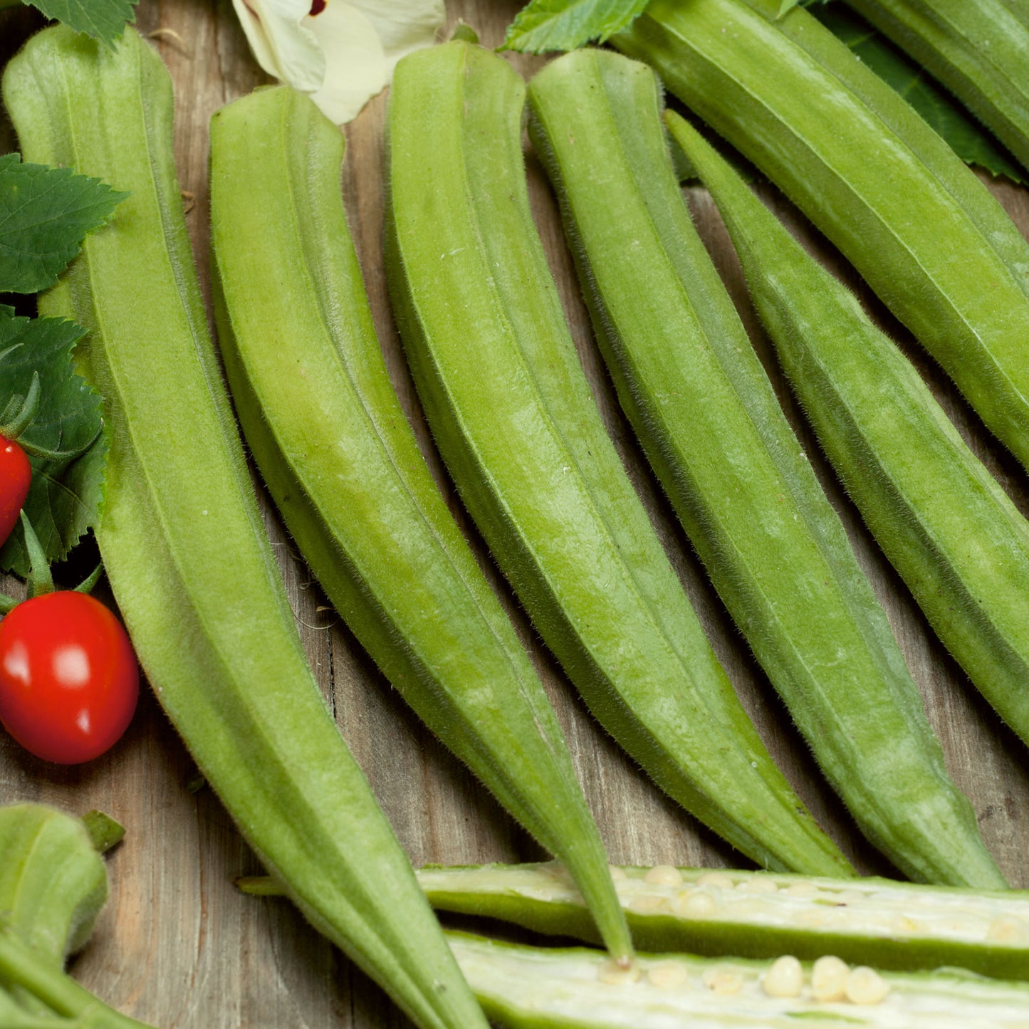 A close-up shot of several Cow Horn okra pods in a pile with some sliced open showing the white interior.
