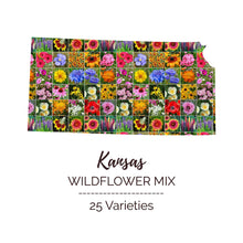 Graphic of the outline of the state for Kansas Wildflower Seed Mix that contains images of the flowers in the mix