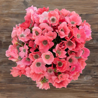 Bouquet of pink Anemone Barbie flowers on a wooden surface