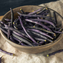 A wooden bowl of purple royal burgundy beans with a neutral background.