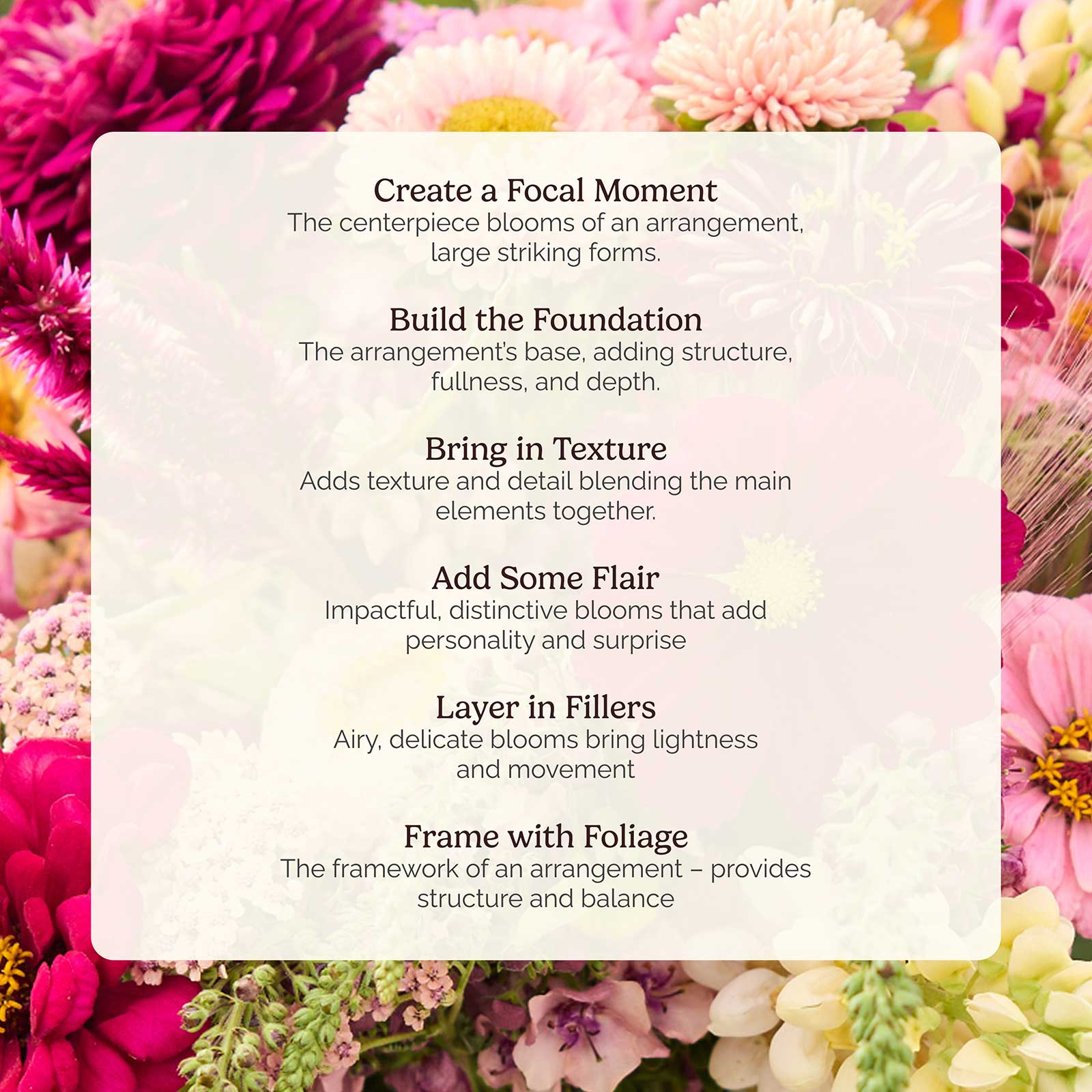 Floral arrangement with text on creating a focal moment