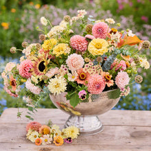Bouquet of pink and white flowers from the soft sunset bouquet in a gray vase with a garden background