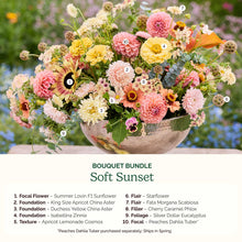 Bouquet bundle labeled 'Soft Sunset' with flowers in a silver bowl.