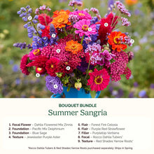 Colorful bouquet labeled 'Summer Sangria' with a list of flowers and their names.