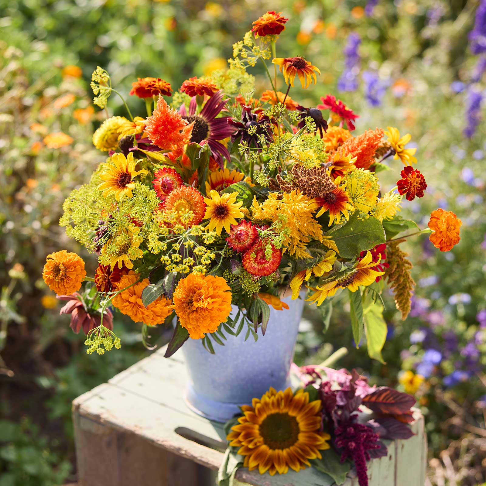 Bouquet of colorful flowers from the summers peak bouquet in a white vase on a wooden stool with a garden background.