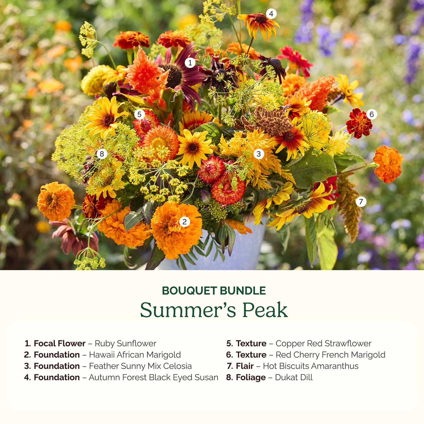 Colorful bouquet bundle labeled 'Summer's Peak' with flowers and their names.