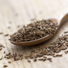 Caraway seeds, a common ingredient in baking and cooking, are scattered on a neutral surface.