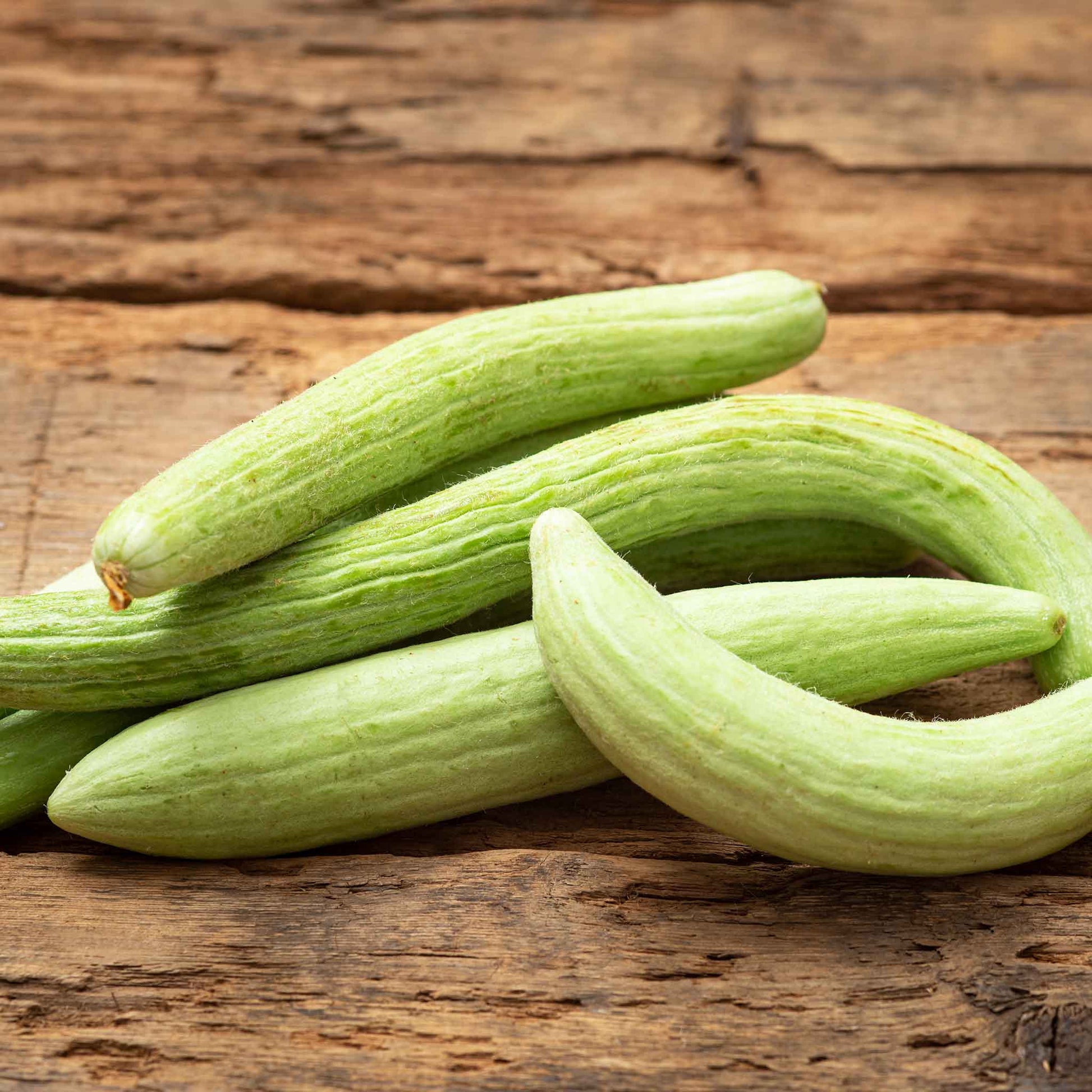 A light green Armenian cucumber with slight ridges and a pointed end against a neutral background.