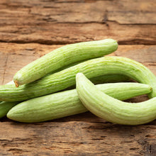 A light green Armenian cucumber with slight ridges and a pointed end against a neutral background.