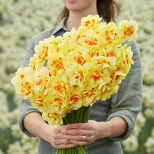 A person holding a bouquet of Tahiti daffodil flowers in a garden setting.