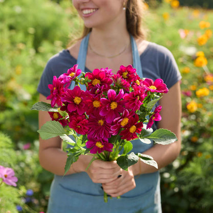 Person holding a bouquet of figaro violet shades dahlia flowers in a field