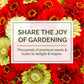 Red and yellow flowers with a text overlay about gardening seeds and bulbs.