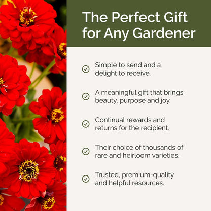 Red flowers with text about a perfect gift for gardeners on a green and white background