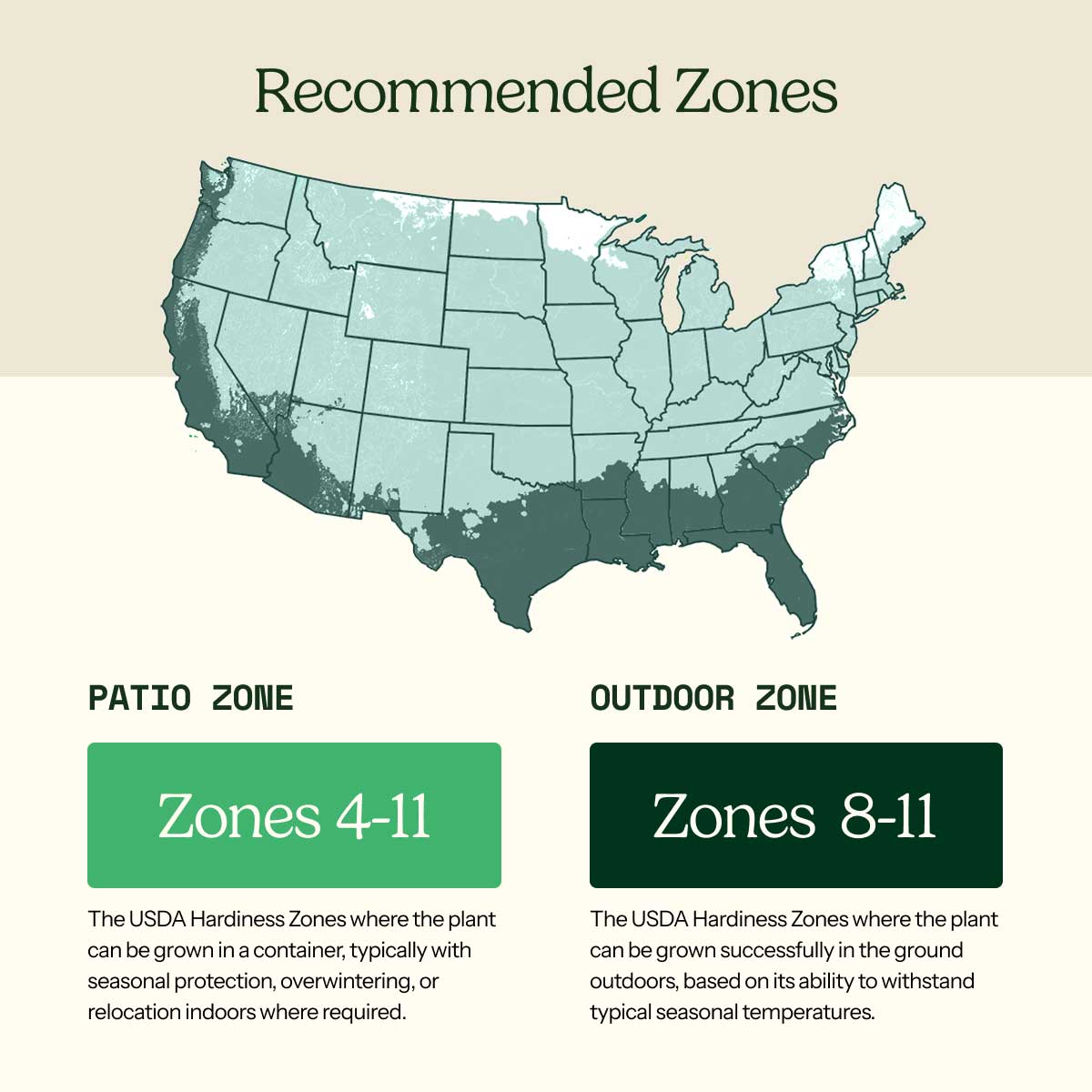 A USDA hardiness zone map of the United States with labeled patio and outdoor zones, showing a light teal map on a beige background with explanatory text blocks below.