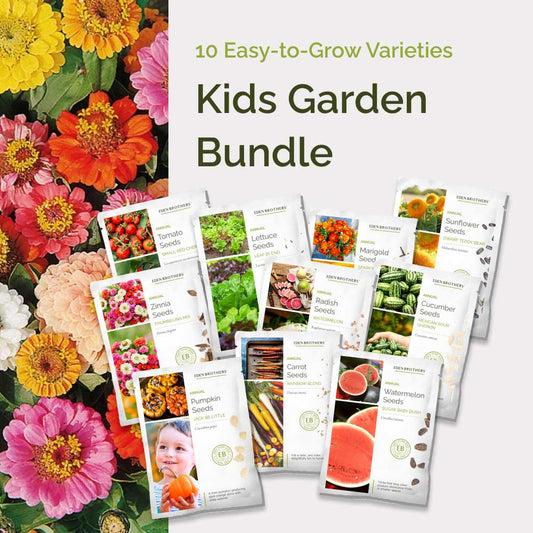 Graphic of kids garden bundle pack displaying a product image and contents of the bundle.