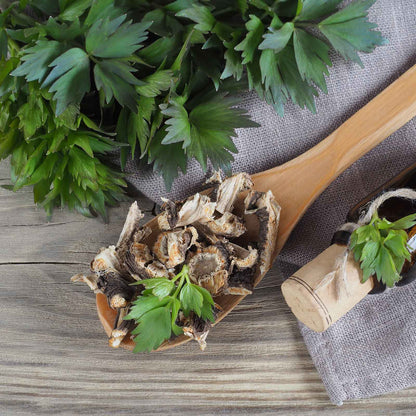 Wooden spoon with dried lovage and fresh parsley on a wooden surface