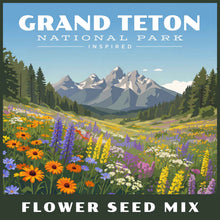 Flower seed mix package with a scenic view of mountains and flowers, inspired by Grand Teton National Park.