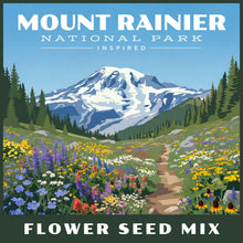 Flower seed mix package with a scenic view of mountains and flowers, inspired by Mount Rainier National Park.