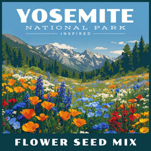 Flower seed mix package with a scenic view of mountains and flowers, inspired by Yosemite National Park.