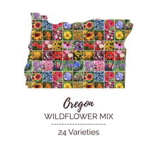 Graphic of the outline of the state for Oregon Wildflower Seed Mix that contains images of the flowers in the mix