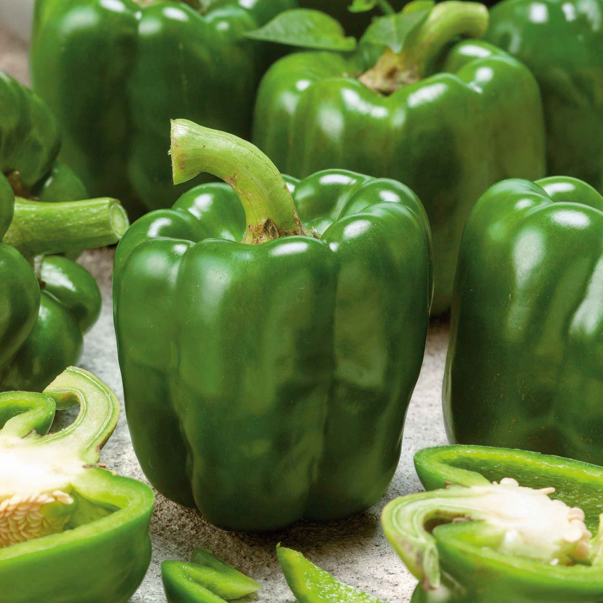 A vibrant green bell pepper, of the Emerald Giant variety, freshly picked.