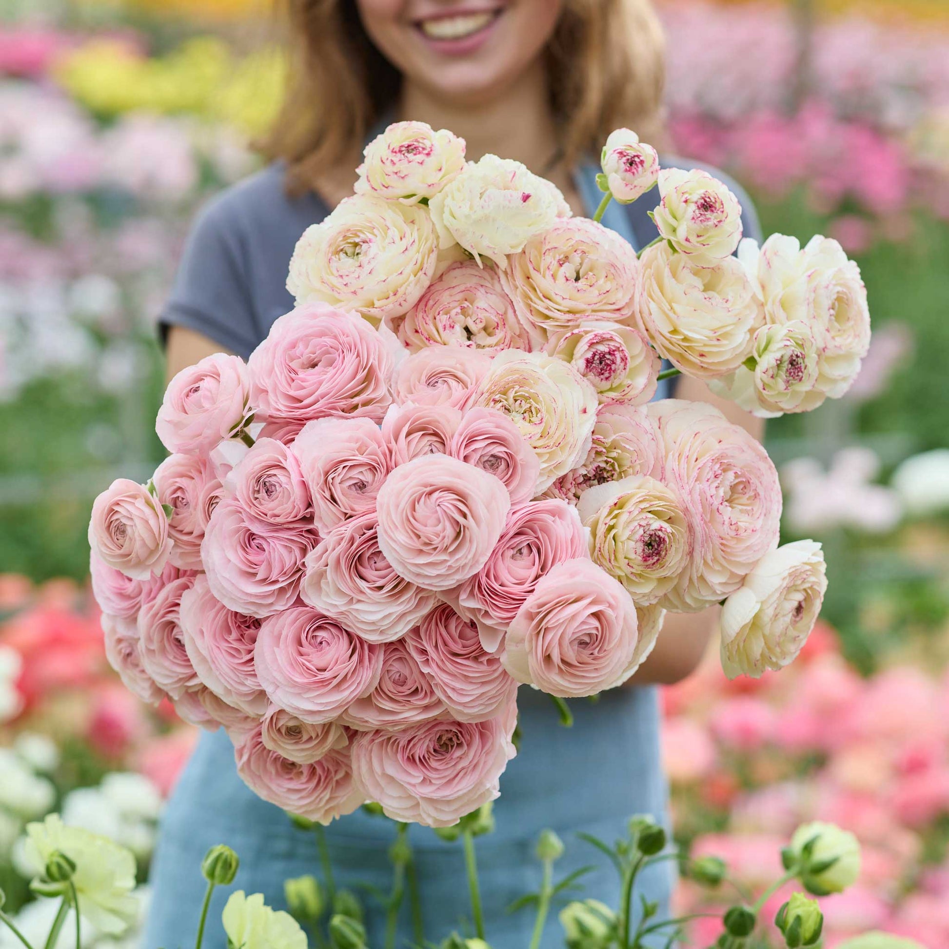 Person holding a bouquet of pink and yellow ranunculus flowers from the champagne garden bundle in a garden setting