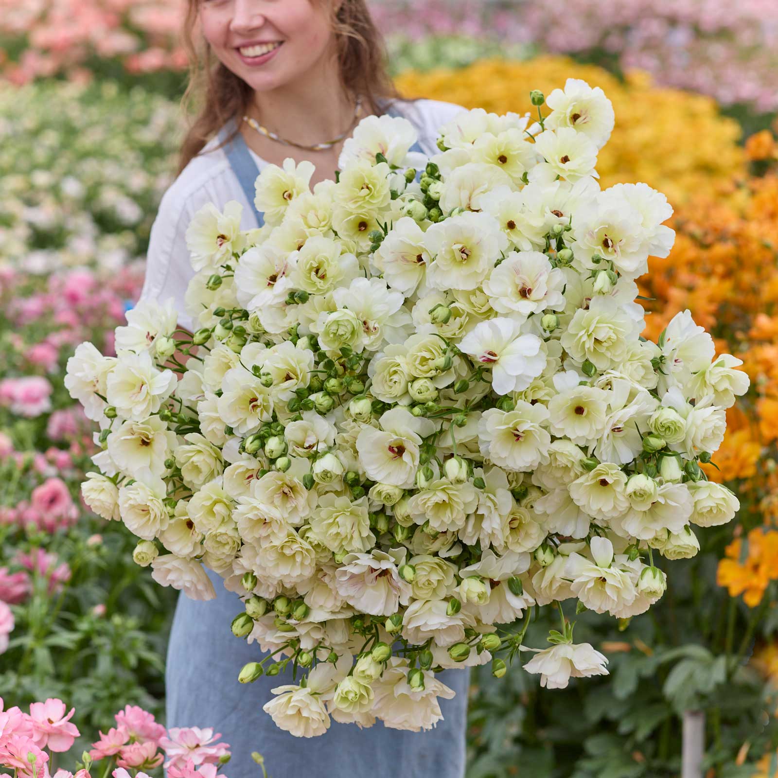 Person holding a bouquet of white butterfly ninos ranunculus flowers with a garden background