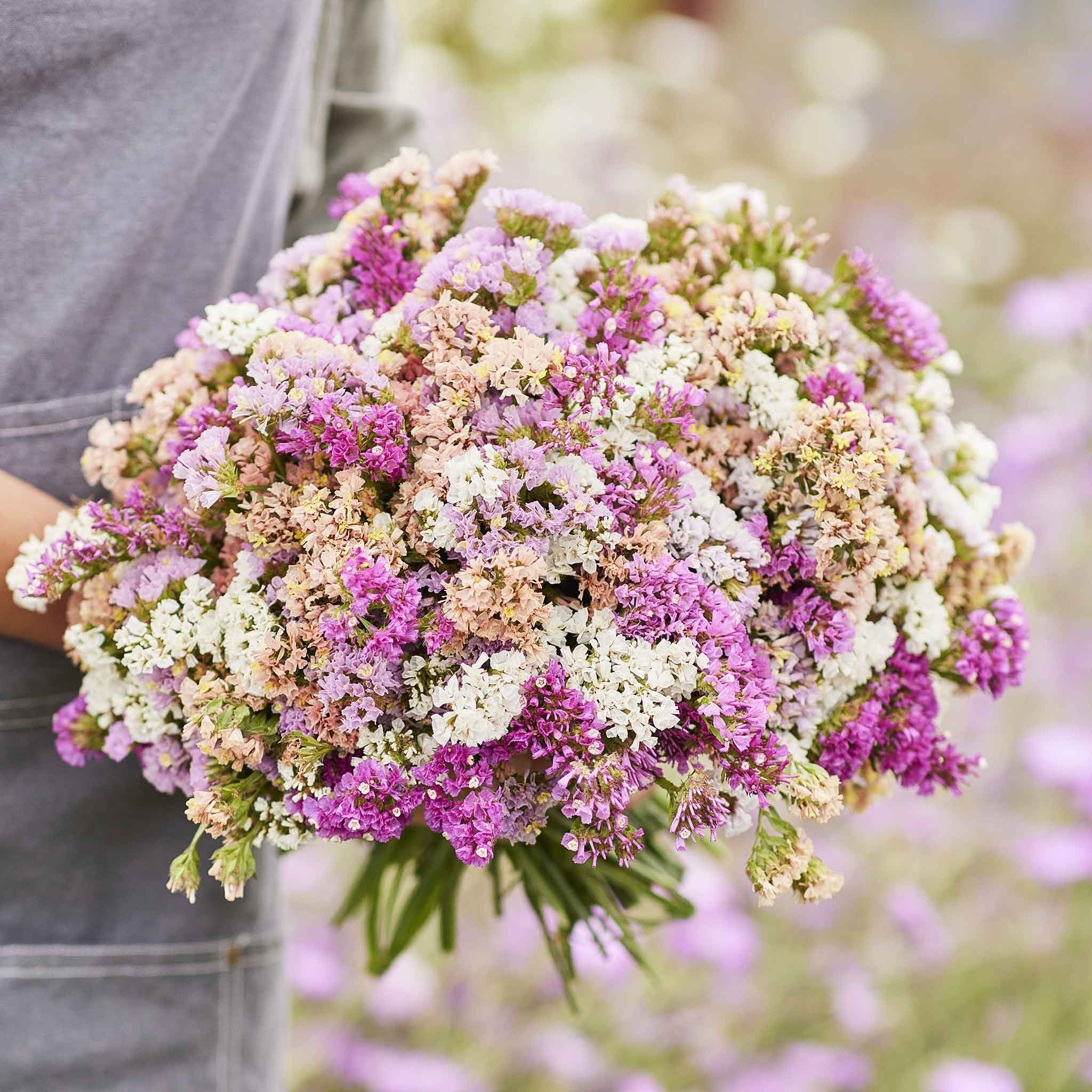Statice pastel mix pink, purple and yellow bouquet held by person with blurred background