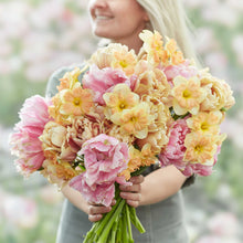 A person holding a vibrant spring garden with pink and purple tulips, and yellow daffodils bouquet.