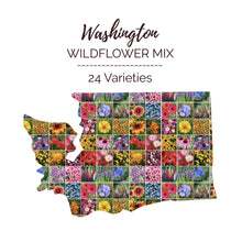Graphic of the outline of the state for Washington Wildflower Seed Mix that contains images of the flowers in the mix