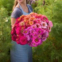 Person holding a bouquet of flowers from the zinnia benary giant passion bundle in a garden setting