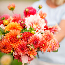 A person holding a bouquet of Orange Crush Mix dahlia flowers in a garden setting.