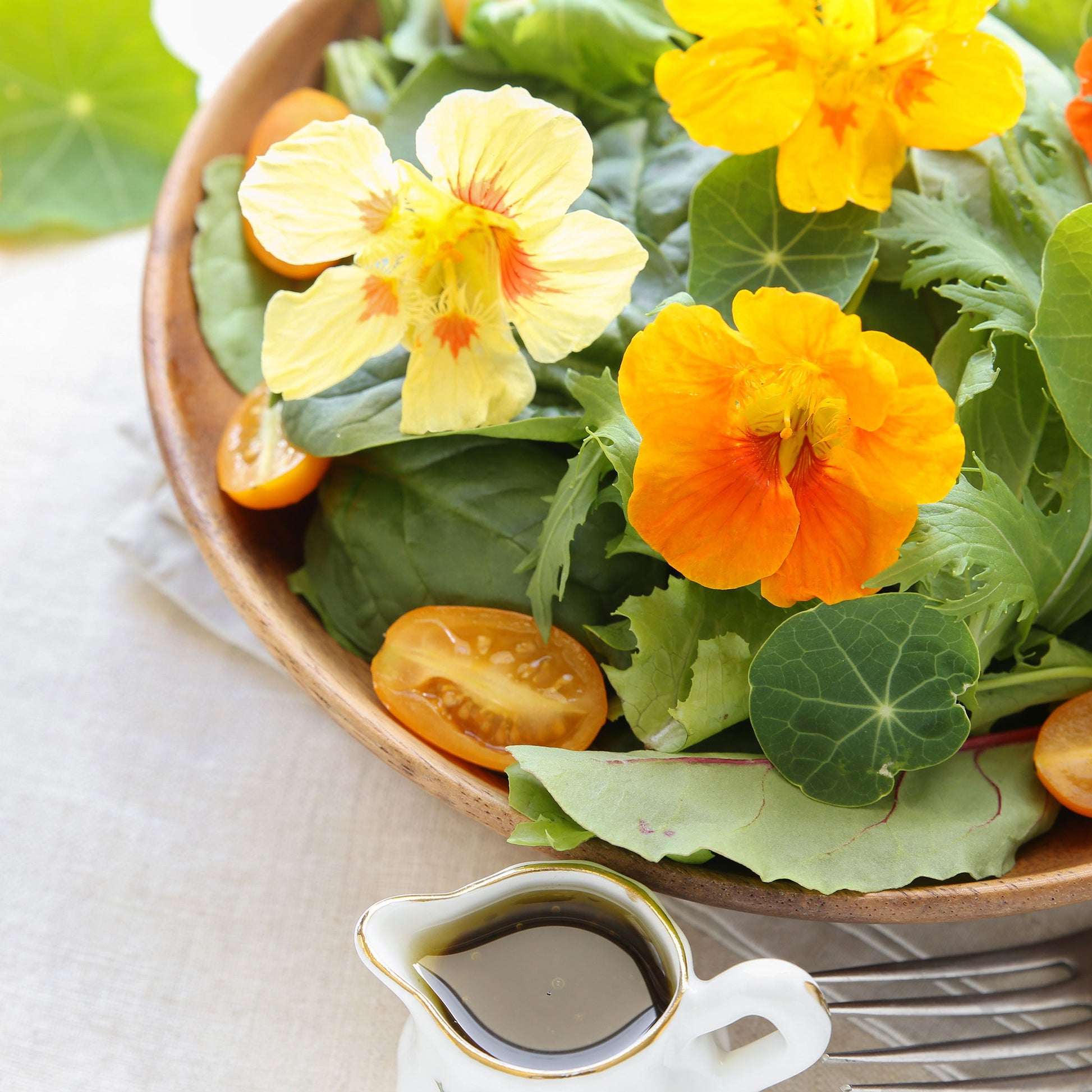 Edible nasturtium flowers with green leaves on a light background